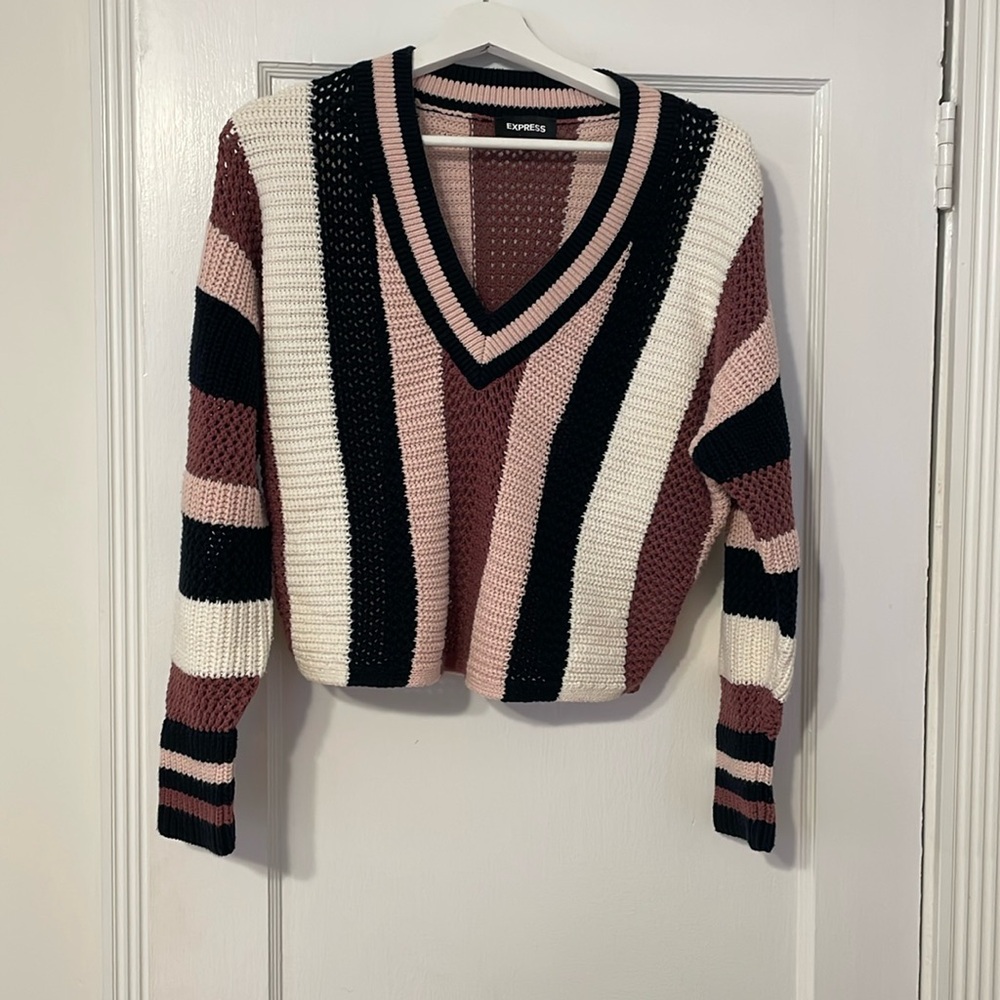 Express Pink Retro Strip V neck Sweater